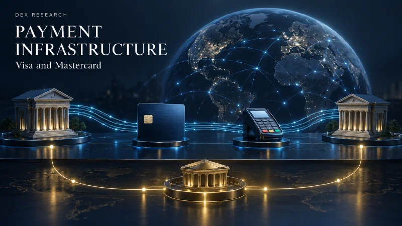 Conceptual illustration of institutions, a payment card and a terminal connected across a globe.