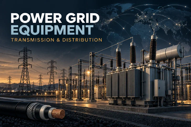 Conceptual illustration of a transformer substation, transmission towers and power cables in a connected grid; an AI-generated illustration rather than a documentary image.